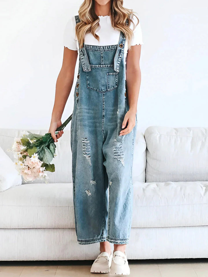 CAMILLE™ | LOOSE FIT DISTRESSED DENIM OVERALLS