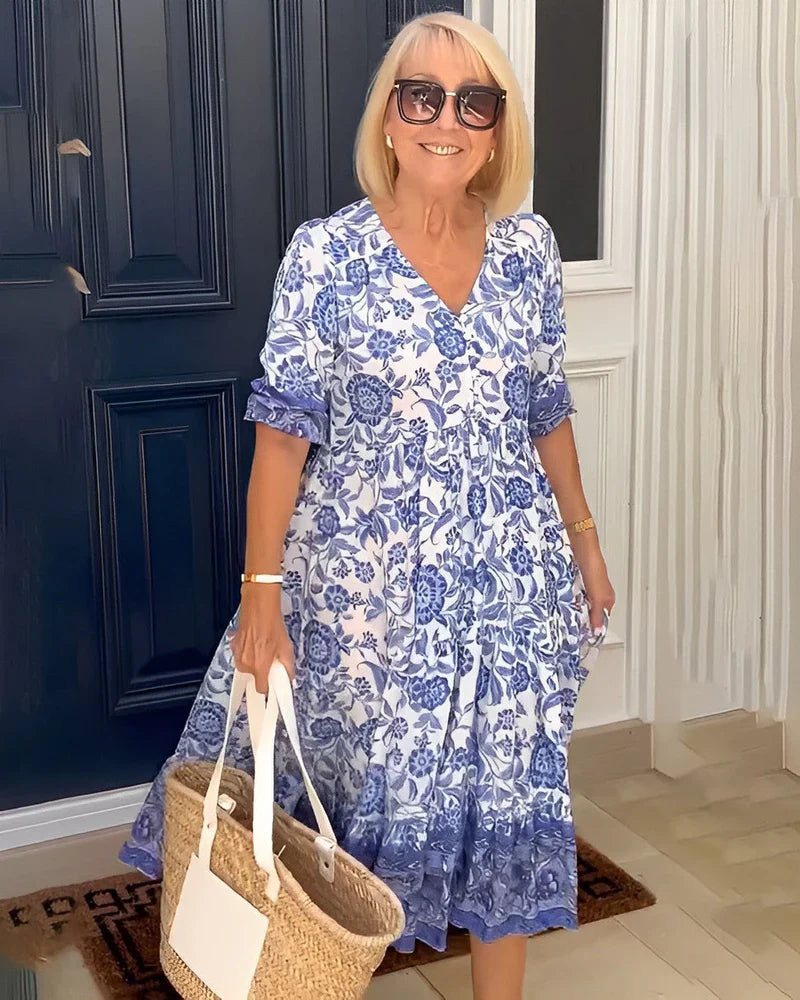 KEISHA™ | ELEGANT V-NECK FLORAL DRESS