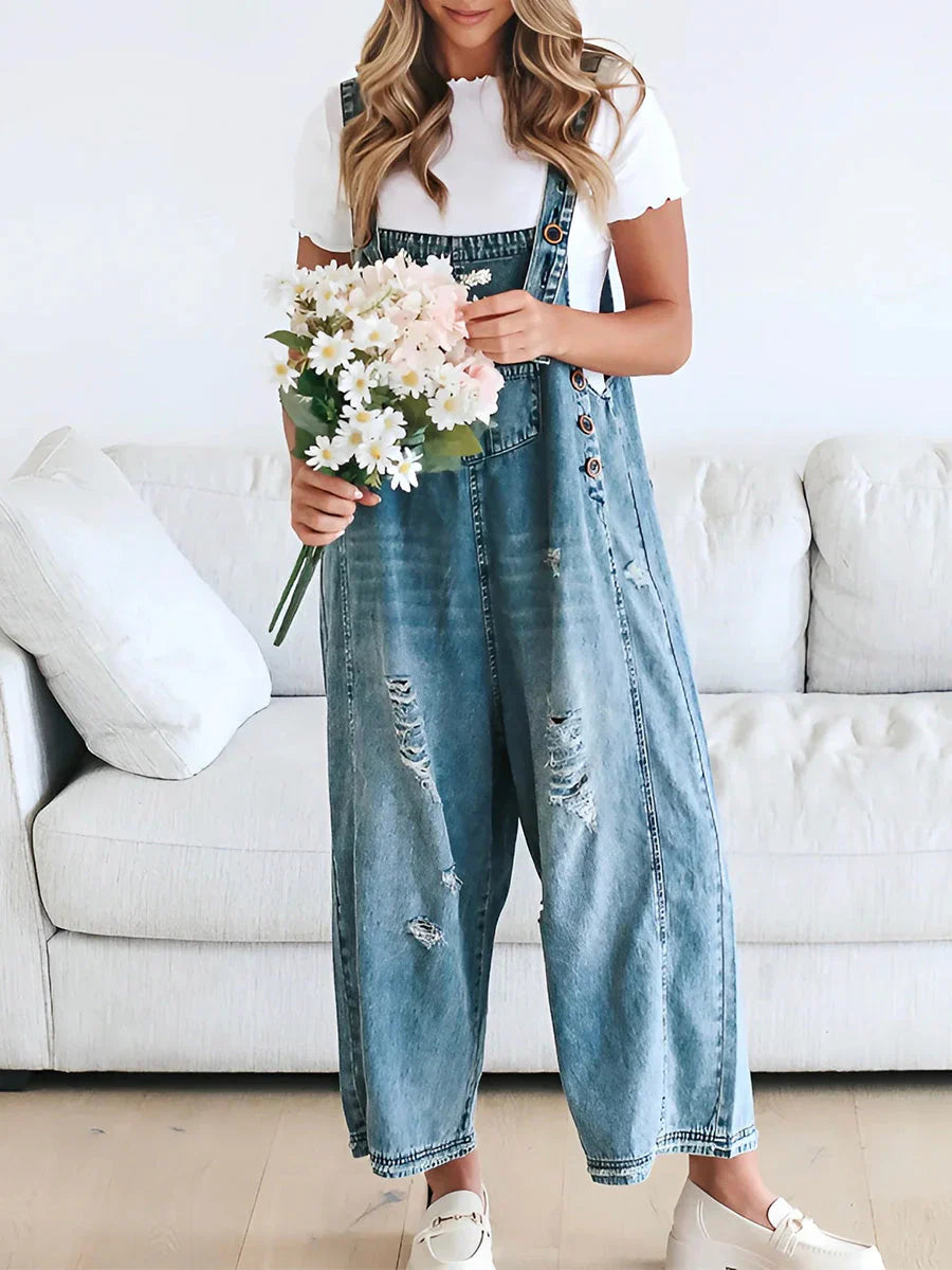 CAMILLE™ | LOOSE FIT DISTRESSED DENIM OVERALLS