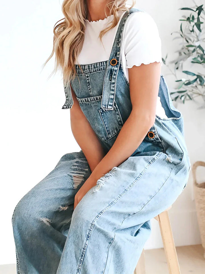 CAMILLE™ | LOOSE FIT DISTRESSED DENIM OVERALLS