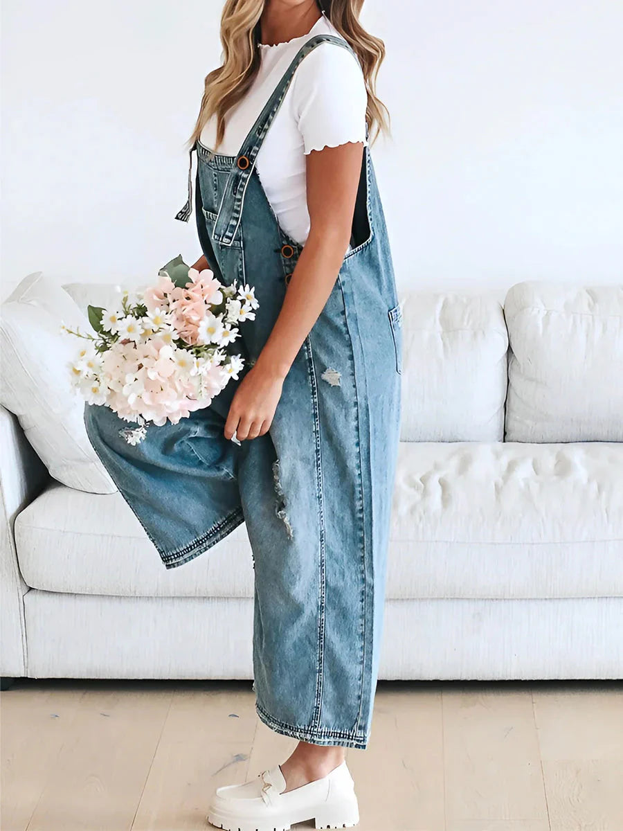 CAMILLE™ | LOOSE FIT DISTRESSED DENIM OVERALLS