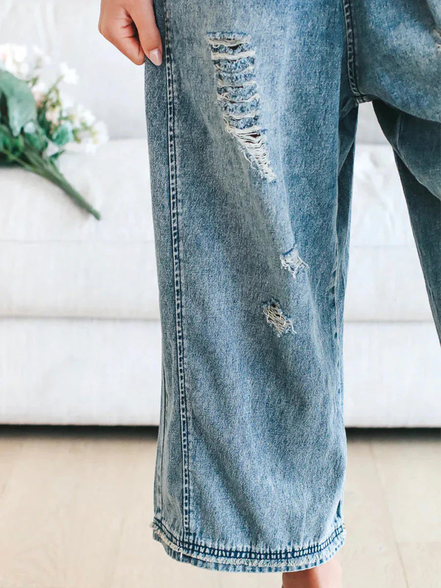 CAMILLE™ | LOOSE FIT DISTRESSED DENIM OVERALLS