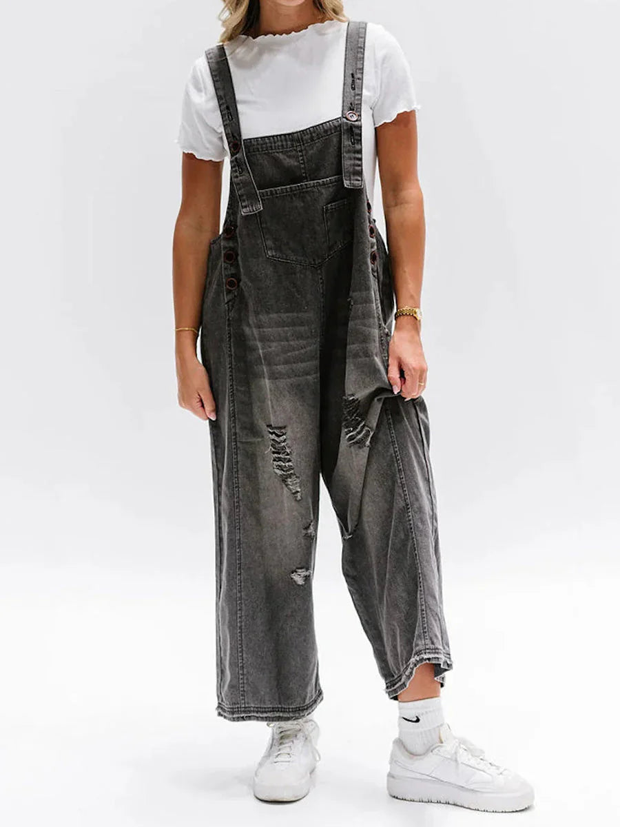 CAMILLE™ | LOOSE FIT DISTRESSED DENIM OVERALLS