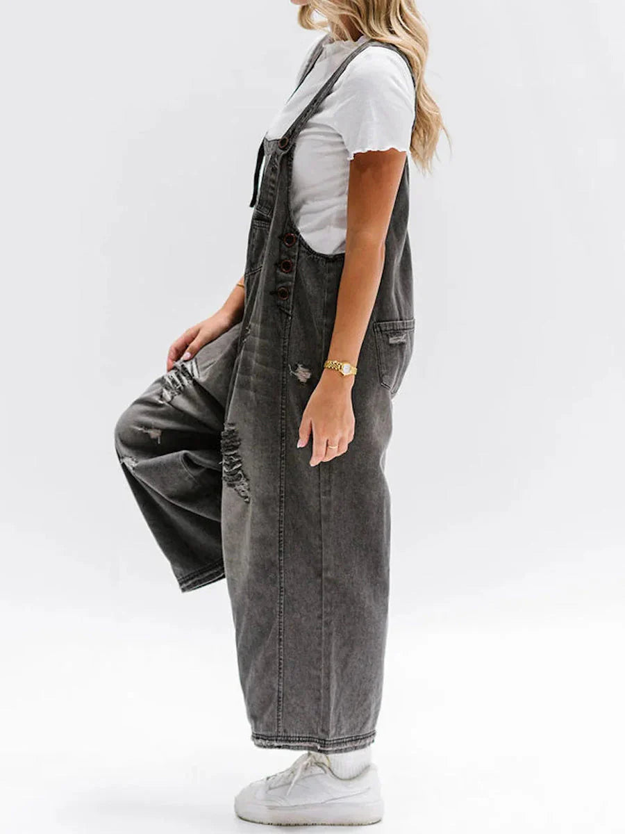 CAMILLE™ | LOOSE FIT DISTRESSED DENIM OVERALLS