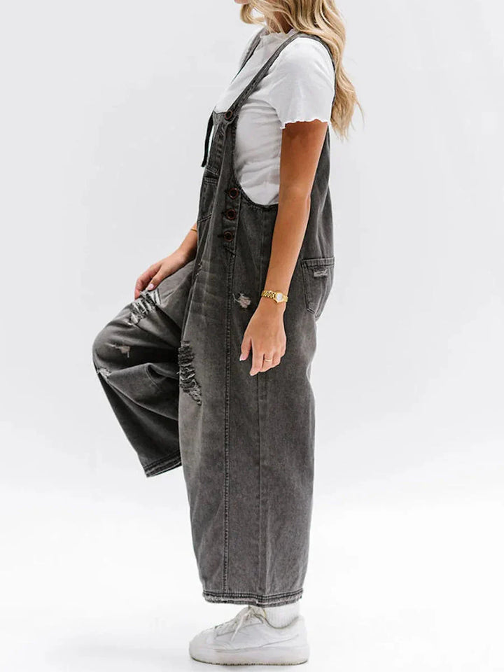 CAMILLE™ | LOOSE FIT DISTRESSED DENIM OVERALLS