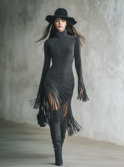 AMELIA™ | MOCK NECK FRINGE DRESS