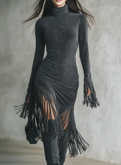 AMELIA™ | MOCK NECK FRINGE DRESS