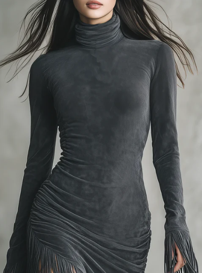 AMELIA™ | MOCK NECK FRINGE DRESS