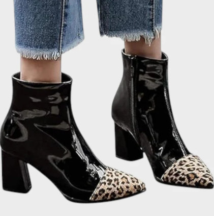 DIVA™ | PATENT ANKLE BOOTS WITH LEOPARD DETAIL