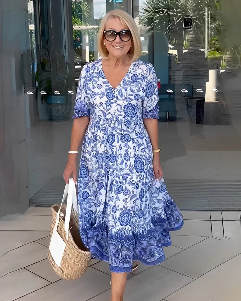 KEISHA™ | ELEGANT V-NECK FLORAL DRESS