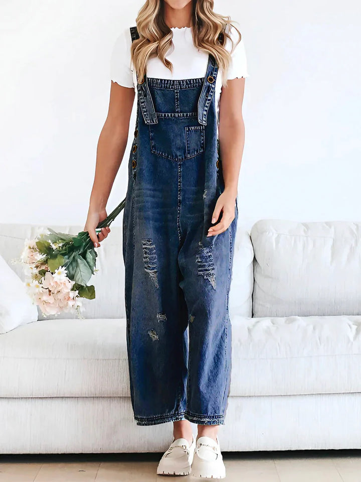 CAMILLE™ | LOOSE FIT DISTRESSED DENIM OVERALLS