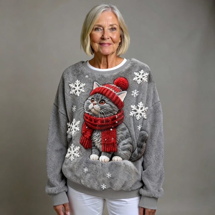 Casual Hooded Flannel Sweatshirt with Christmas Cat Print for Women