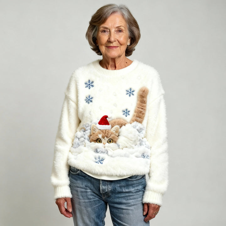 Casual Flannel Sweatshirt with Christmas Cat Print for Women