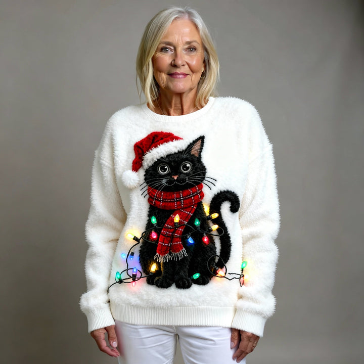 Casual Flannel Sweatshirt with Christmas Cat Print for Women