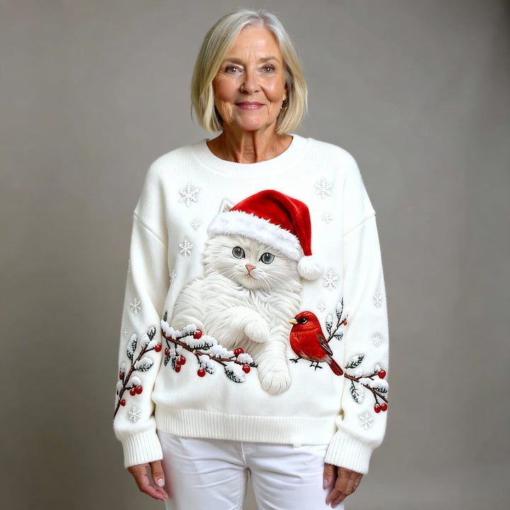 Casual Flannel Christmas Cat Art Sweatshirt for Women