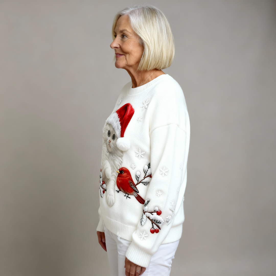 Casual Flannel Christmas Cat Art Sweatshirt for Women