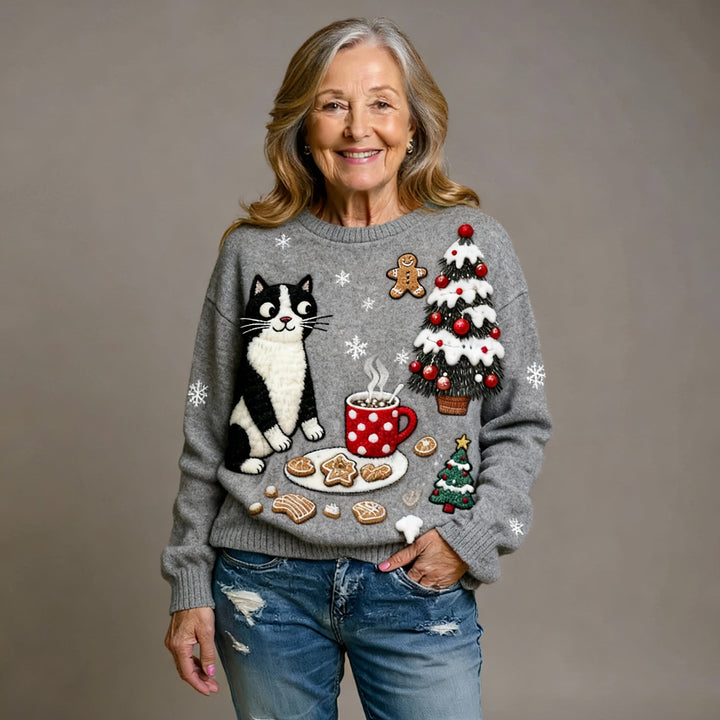 Comfortable Flannel Sweatshirt with Retro Christmas Animal Art Print for Women