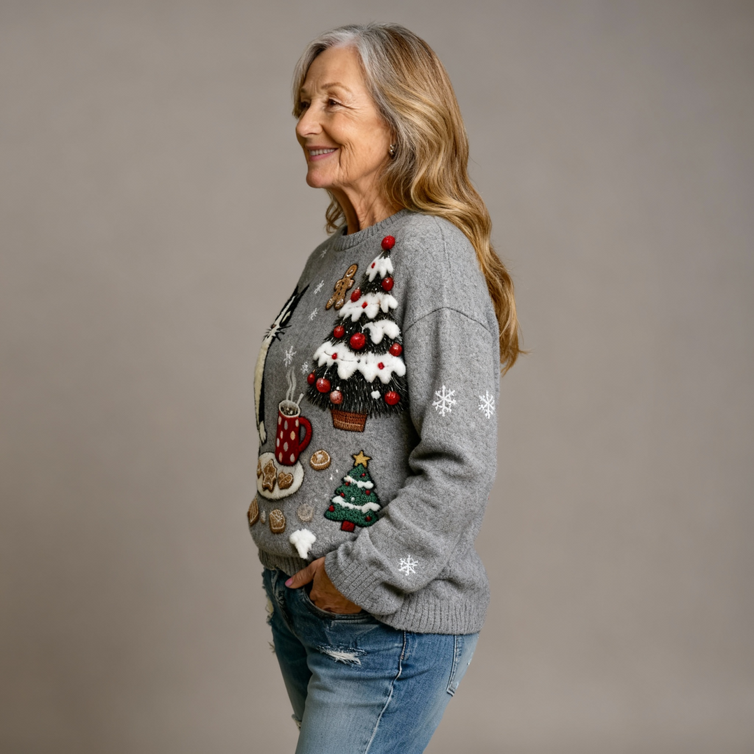 Comfortable Flannel Sweatshirt with Retro Christmas Animal Art Print for Women